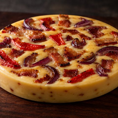 The finished Meltissimo cheese disc — roasted red pepper, crispy bacon and caramelised red onion embedded in creamy artisan cheese