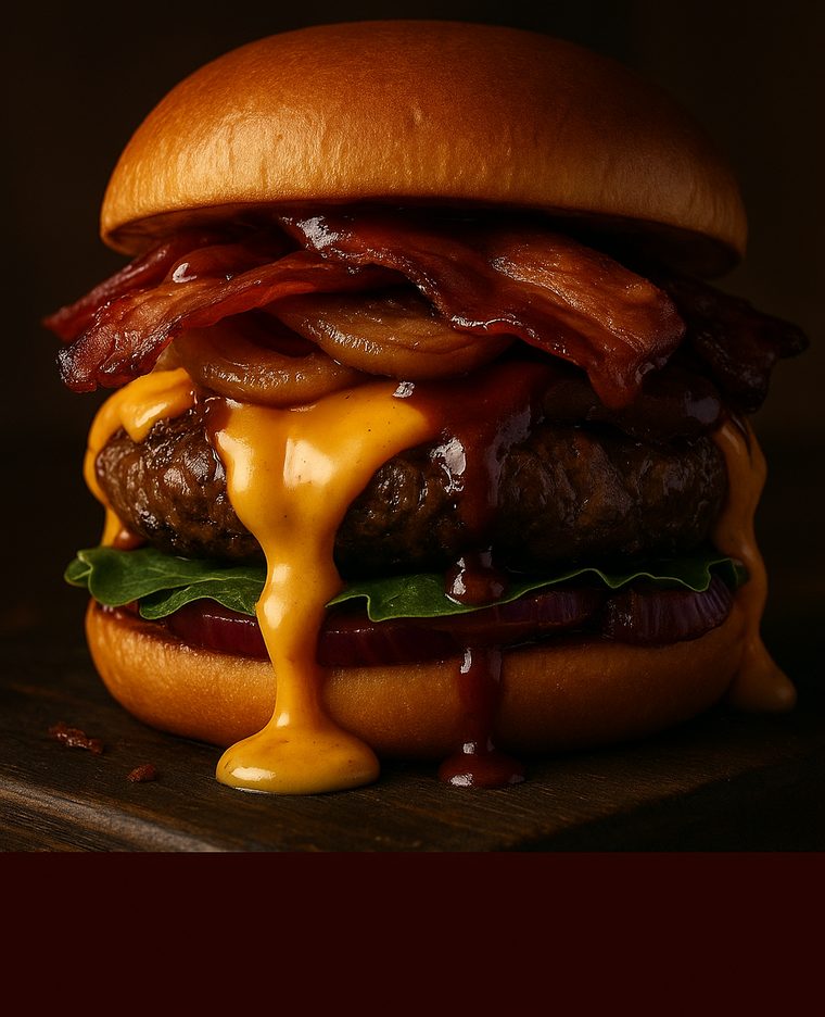 Texas Smoke melt — molten cheddar and hickory BBQ sauce cascading down a bacon burger