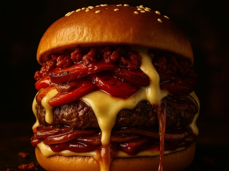Barcelona Flame — white cheddar and chorizo melt on a burger