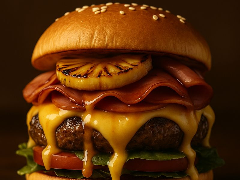Honolulu Pop — cheddar melt with grilled pineapple and ham on a burger