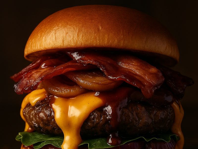Texas Smoke — cheddar melt with smoky bacon and BBQ sauce on a burger