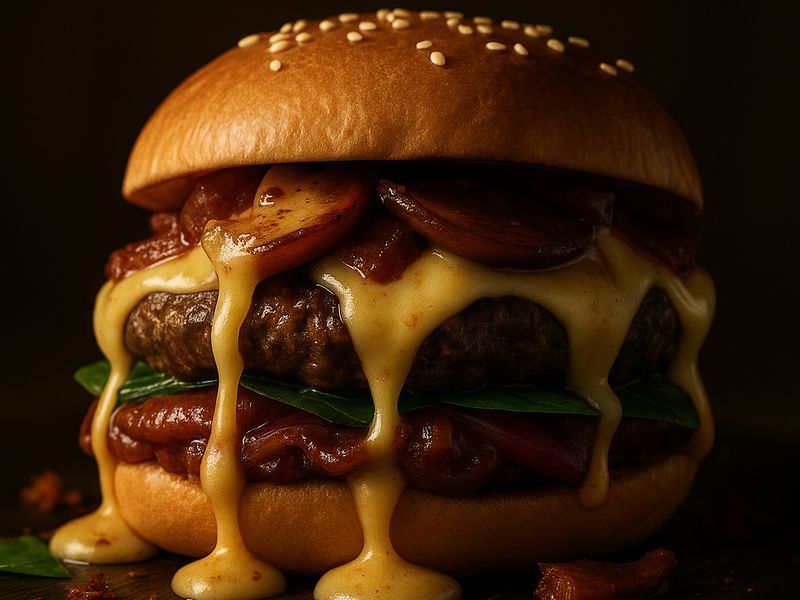 Tuscany Blaze — provolone melt cascading over a sausage burger