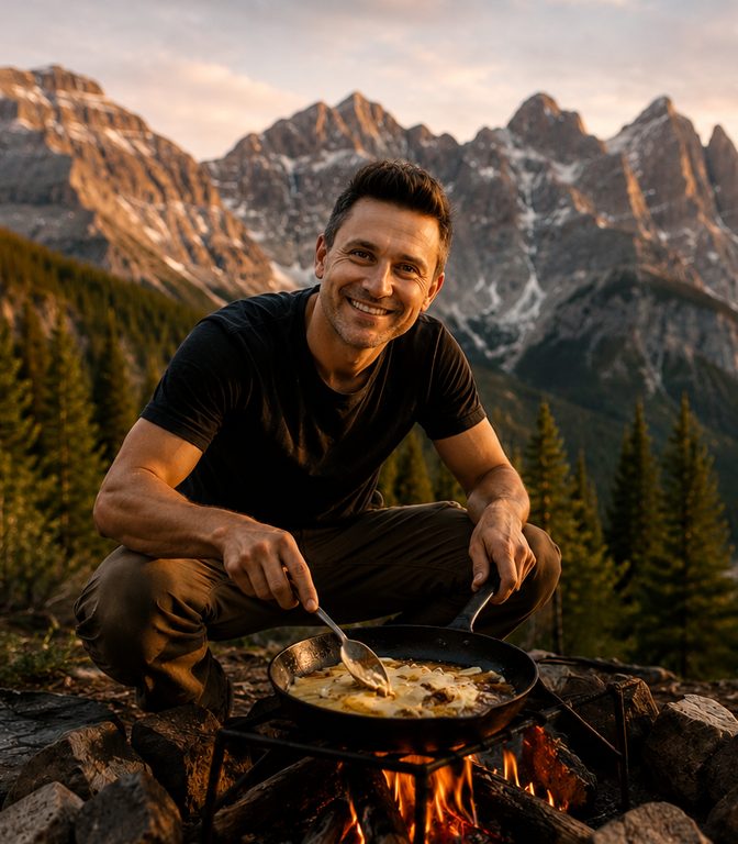 Meltissimo’s founder cooking cheese and onions in a cast-iron pan over a campfire in the Canadian Rockies at sunset